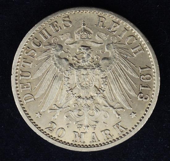 A Wilhelm II 1913 20 mark gold coin,